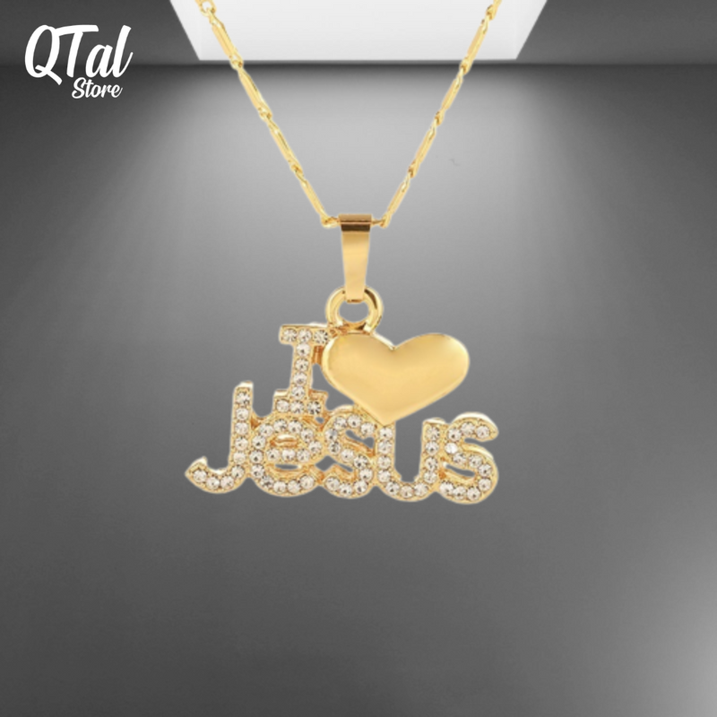 Colar com Pingente "I LOVE JESUS" cravejado com Zircônia - QTal Store