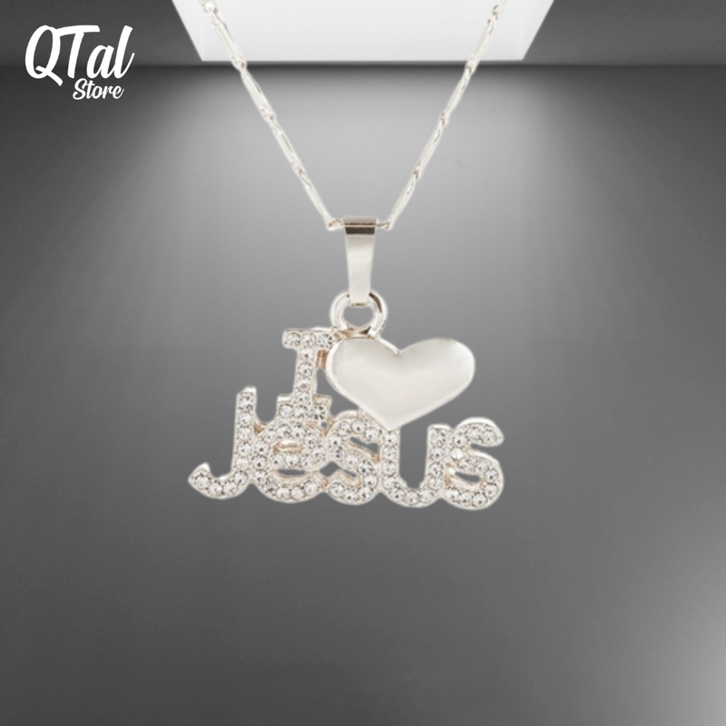 Colar com Pingente "I LOVE JESUS" cravejado com Zircônia - QTal Store